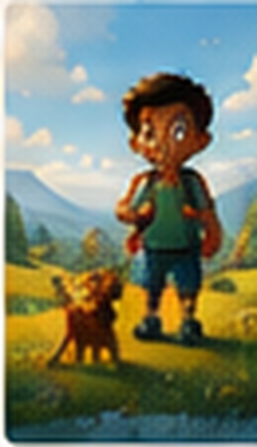 A young boy and his dog exploring a bright mountain landscape