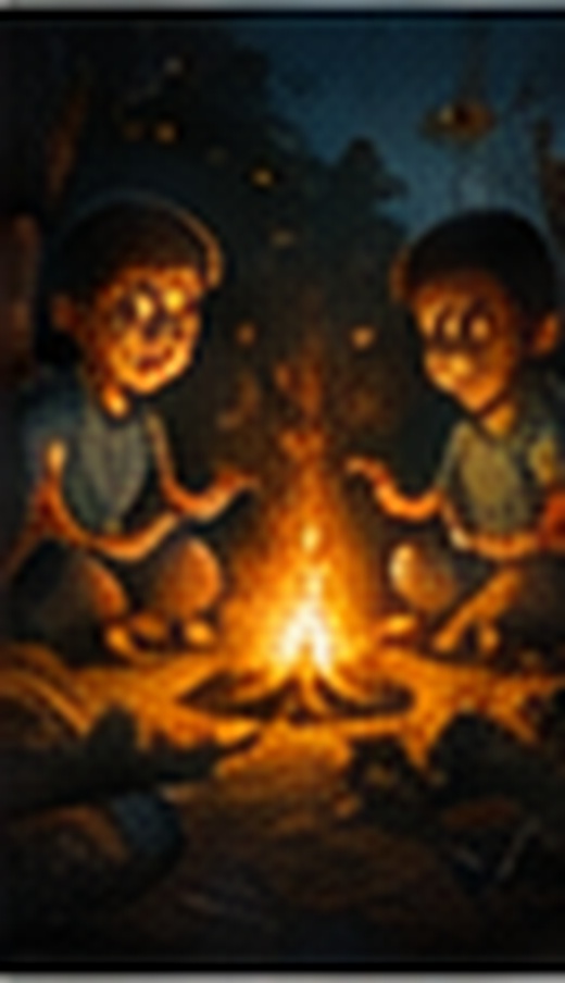 Three children reading a treasure map together beside a campfire