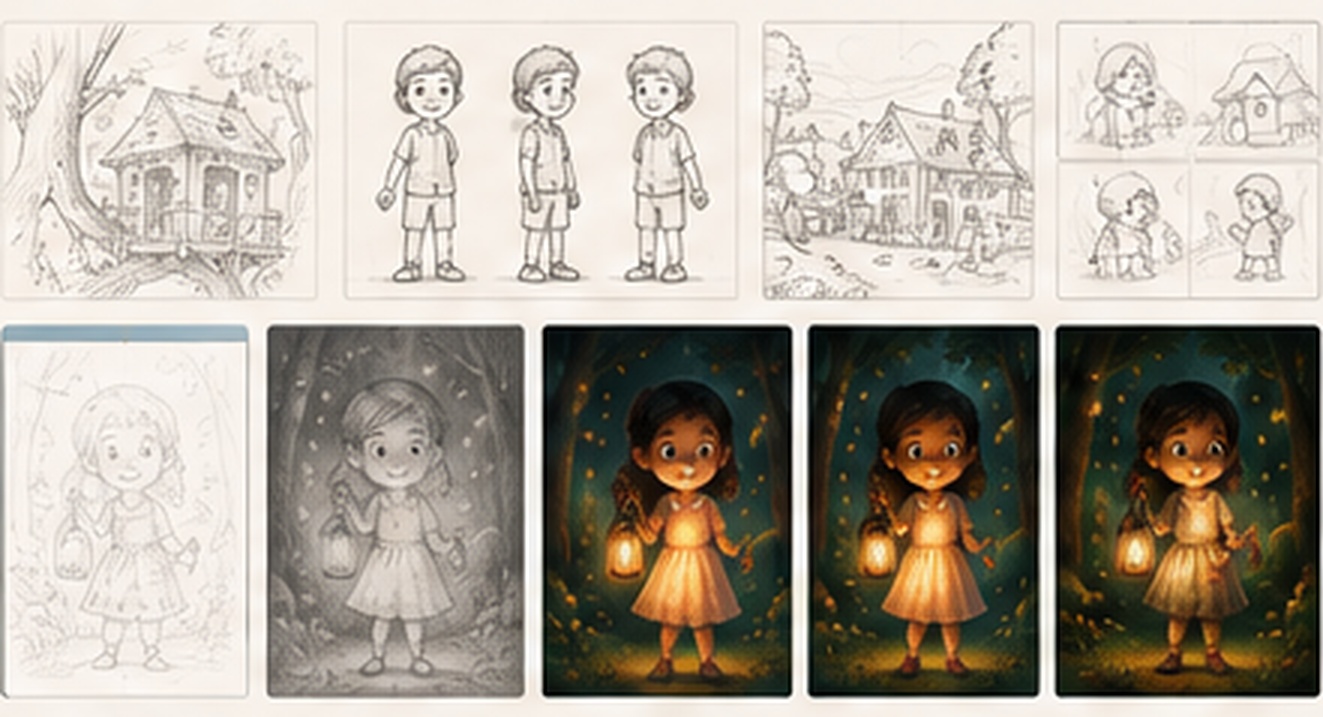 Work in progress showing sketches, line art, color and final illustration stages